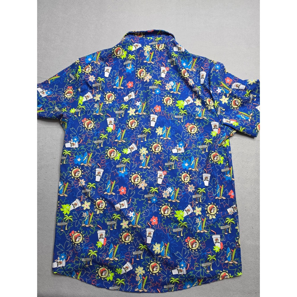 Buc-ees Shirt Men's Medium Blue Allover Print Stretch Short Sleeve Button-Up NWT - Picture 7 of 7
